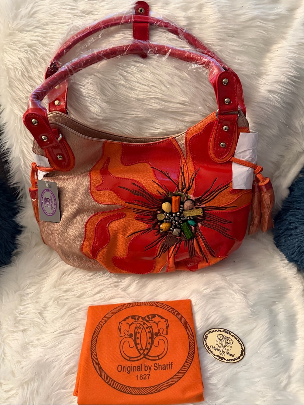 Sharif Orange and Red Floral Appliqué Shoulder Bag